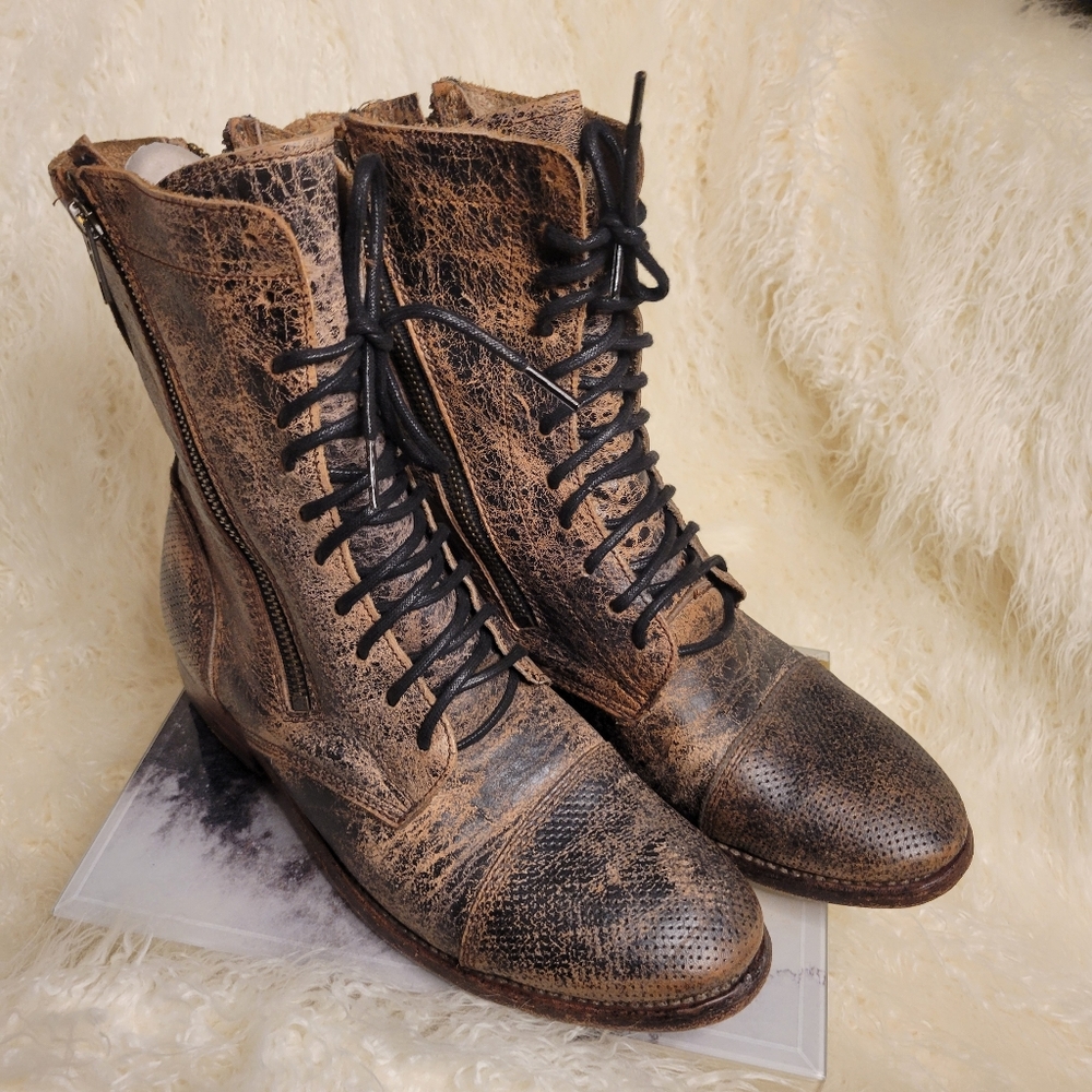 Womens Brown Distressed Leather Lace-Up Side Zipper  BED|STÜ Mid-Calf Boots Sz 7